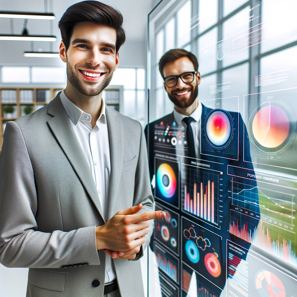 Zwei Geschäftsmänner in grauen Anzügen analysieren Daten auf einem digitalen Interface, das Funktionen der SAP Analytics Cloud widerspiegelt, umfassend für Geschäftsstrategie und Self-Service-Datenanalyse in einem innovativen Arbeitsumfeld.