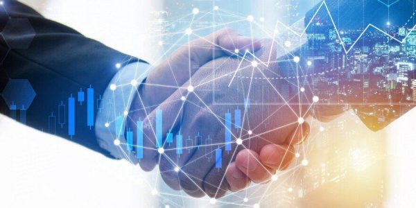 business man investor handshake with global network link connection and graph chart stock market diagram and city background, digital technology, internet communication, teamwork, partnership concept
